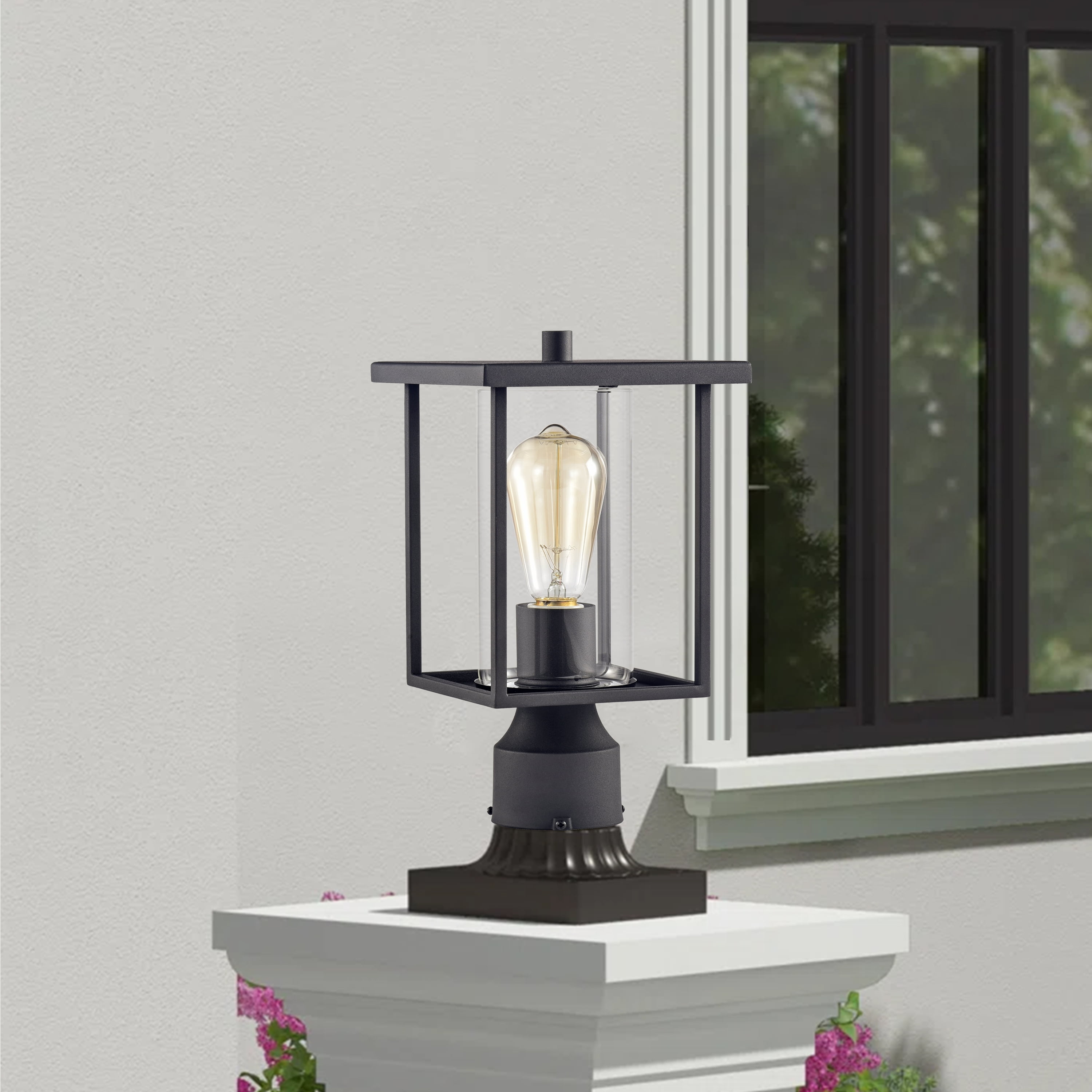 C Cattleya 1-Light Black Outdoor Post Light with Clear Glass Shade Waterproof Lantern Lighting Fixtures(E26)