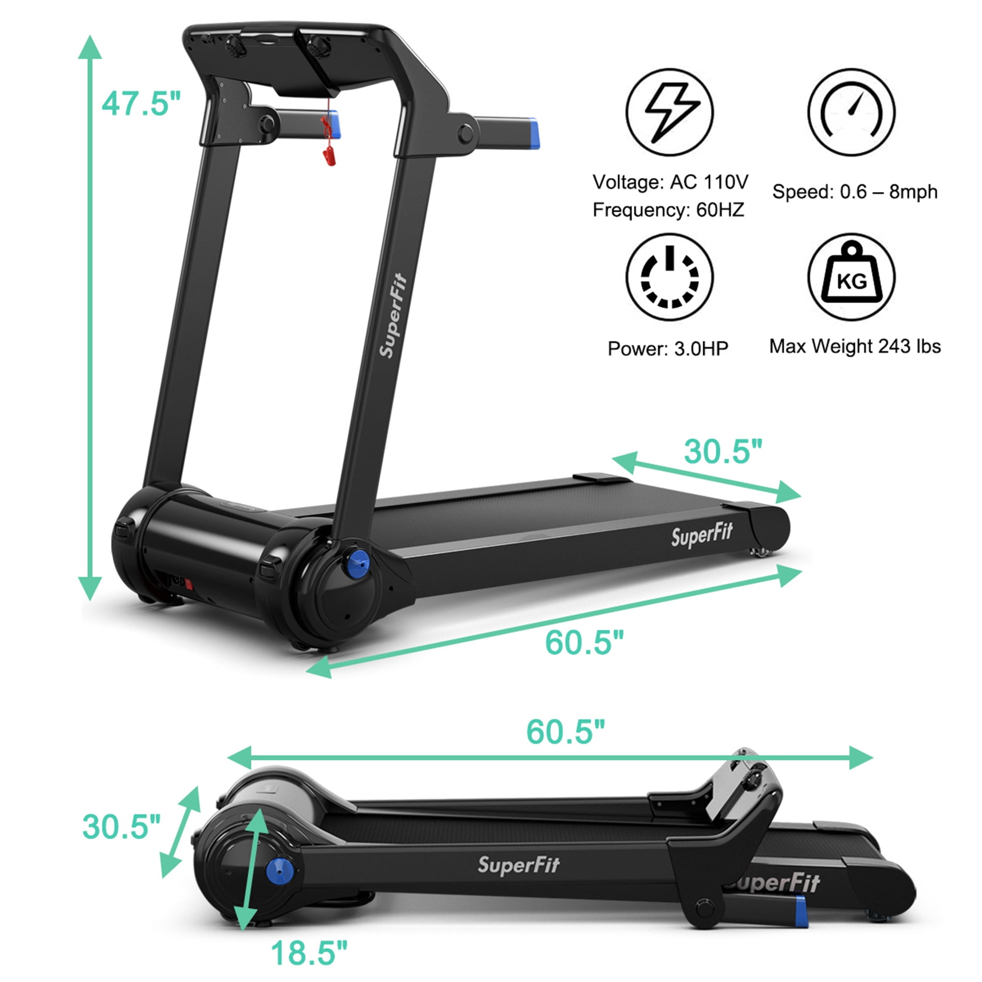 Gymax Folding Electric Treadmill 3.0 HP Exercise Running Machine with App Control Blue