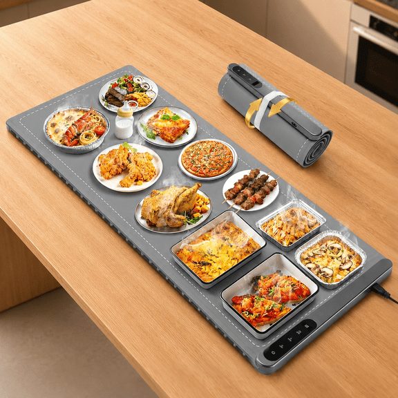 MQ Food Warming Mat 43"x14", Electric Warming Tray, 6 Temp Settings & 6H Auto Shut-Off Timer, 600W Full Surface Heating for Buffet Home Gray