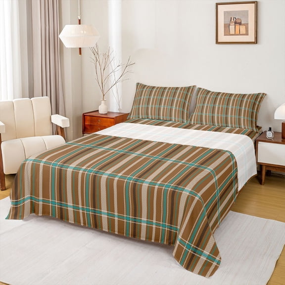 Feelyou Retro Brown Plaid Twin Sheet Sets, Stripes Lines Buffalo Bedding, 3 Pieces
