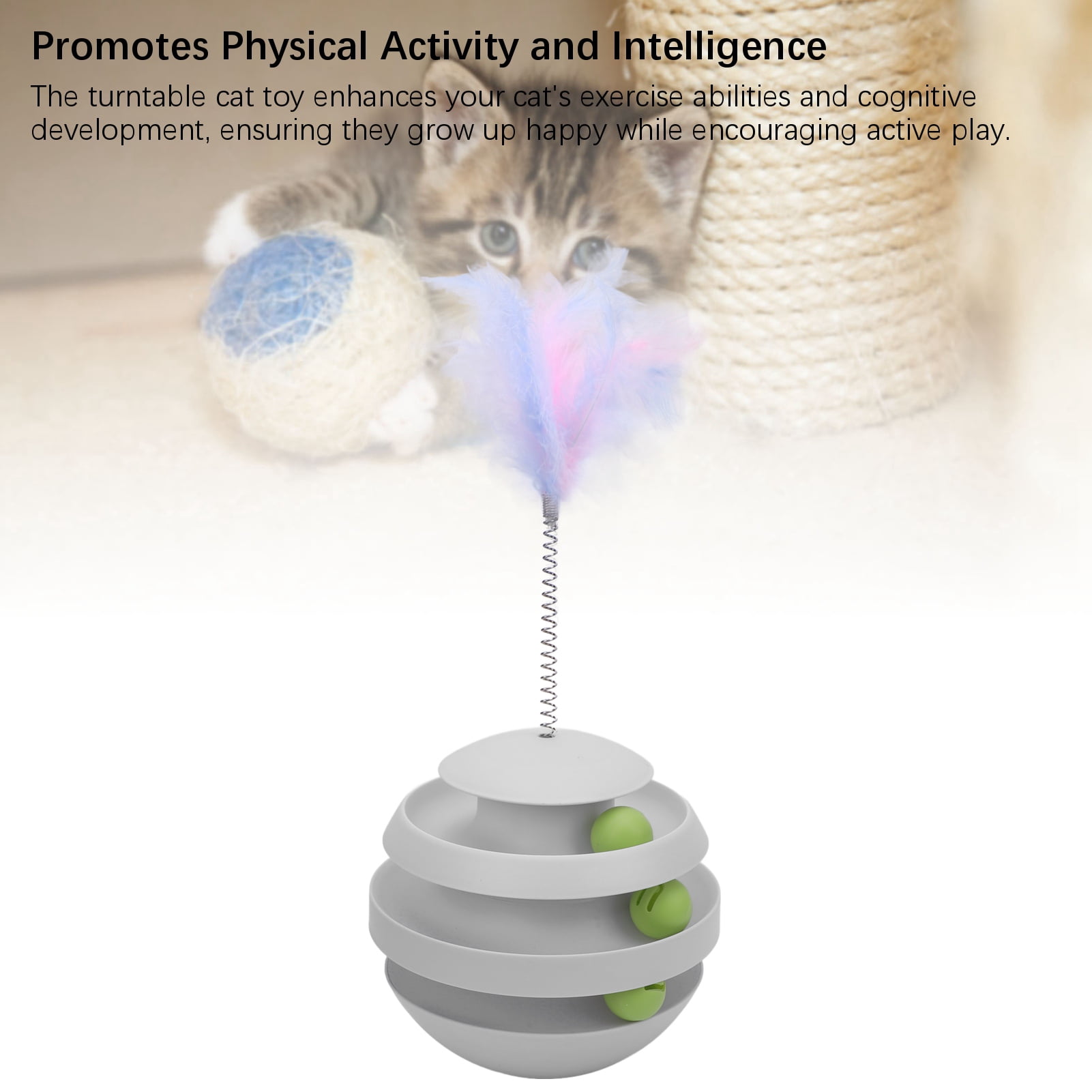 Yajisi Interactive Turntable Cat Tower Toy for Indoor Kittens, Roller Track with Balls & Teaser Wand, Puzzle Exercise Teaser, 8.66 inches / 22 cm, Light Gray