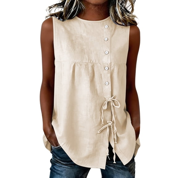 Loose Fit Drawstring Waist Linen Tank Top for Women Round Neck Solid Color Daily Casual Blouse