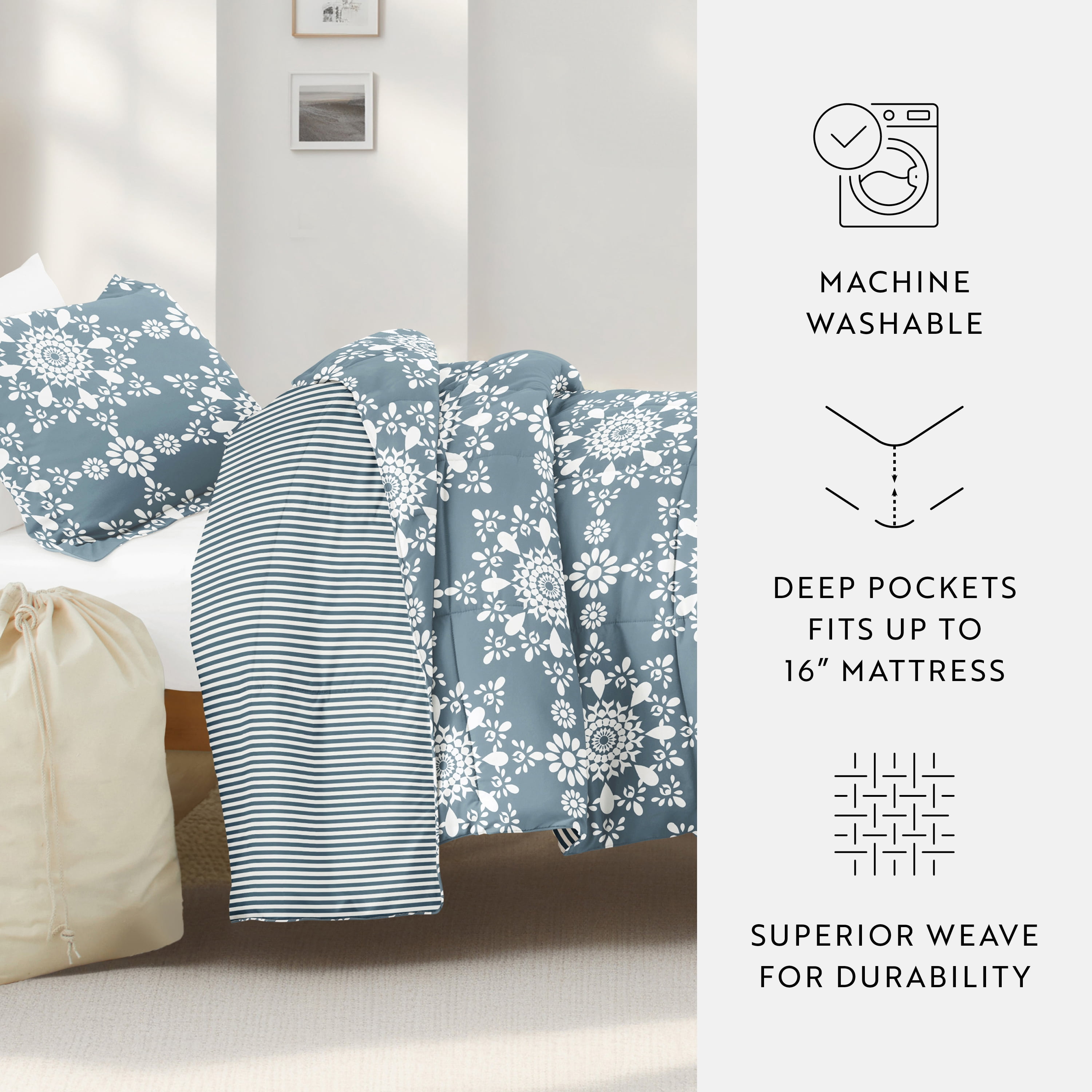 Noble Linens 8 Piece Dorm Bedding Bundle, Comforter & Sheet Set, Pillows, Laundry Bag