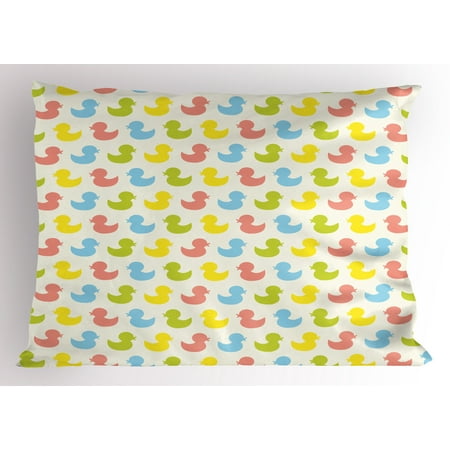 Rubber Duck Pillow Sham Colorful Ducklings Baby Animals Theme Pastel Girls Boys Newborn, Decorative Standard Size Printed Pillowcase, 26 X 20 Inches, Pink Blue Green and Yellow, by