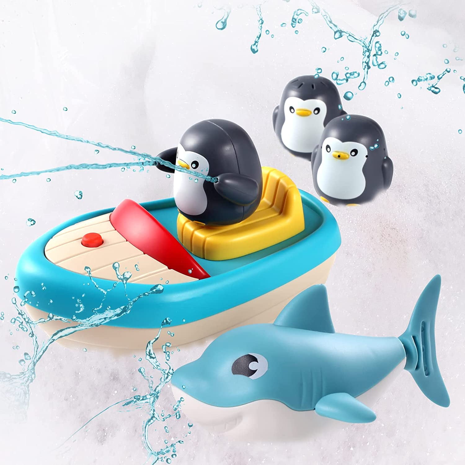 Baby Bath Toy Boat Spray and 3 Penguin Sprinklers with 1 Shark Bathtub