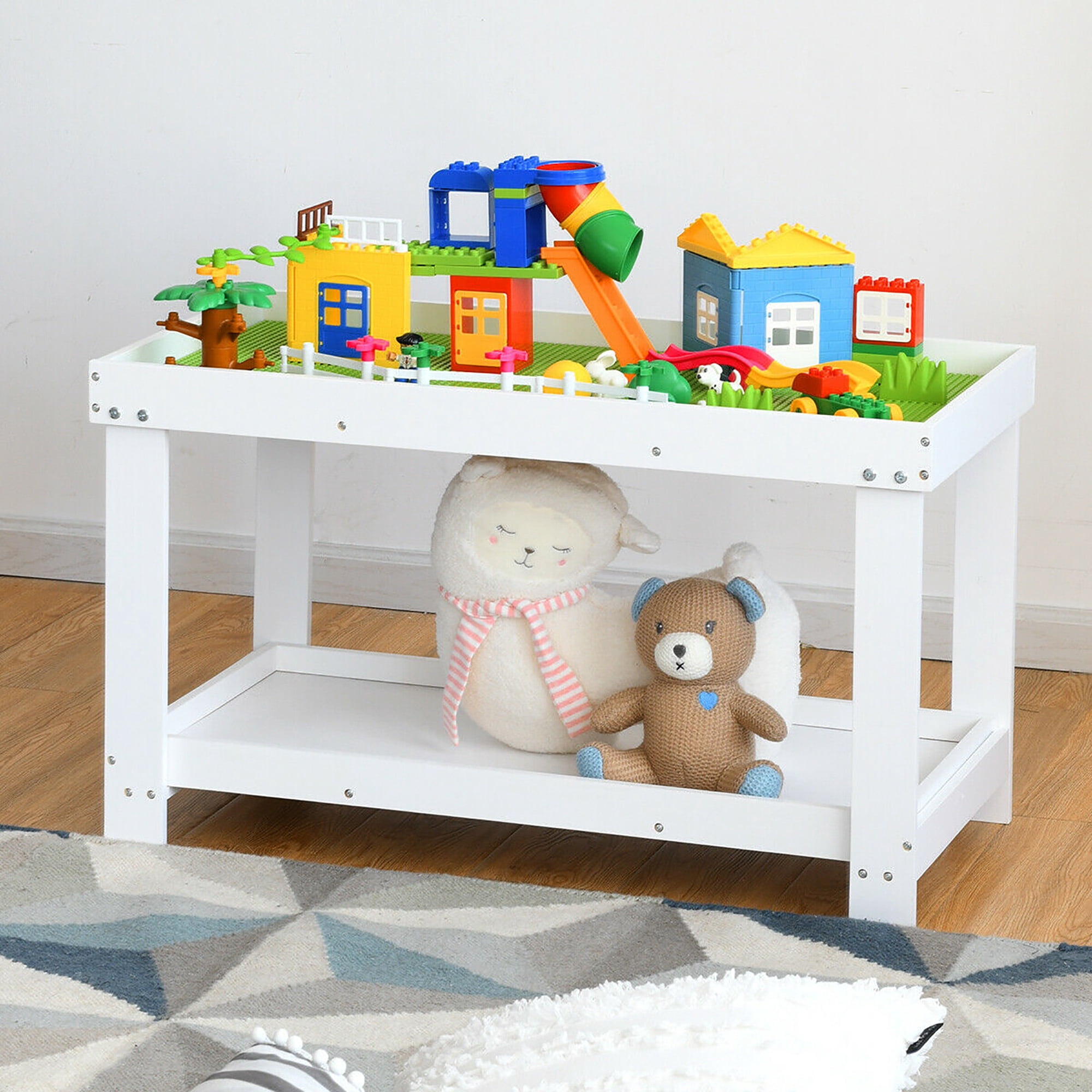 Gymax Solid Wood Block Table Kids Activity Play Table Multifunction W/Storage White