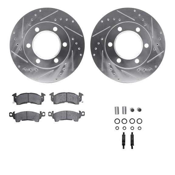 Dynamic Friction Company Front Brake Rotors-Drilled and Slotted-Silver with Heavy Duty Brake Pads includes Hardware 7212-42105
