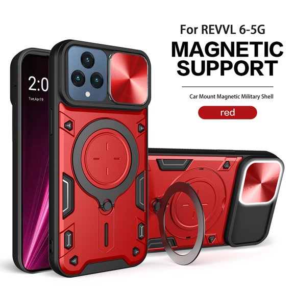 Reiko TPU PC Shockproof Magnetic Phone Case with Free Adjustment Ring Holder for REVVL 6 5G in Red