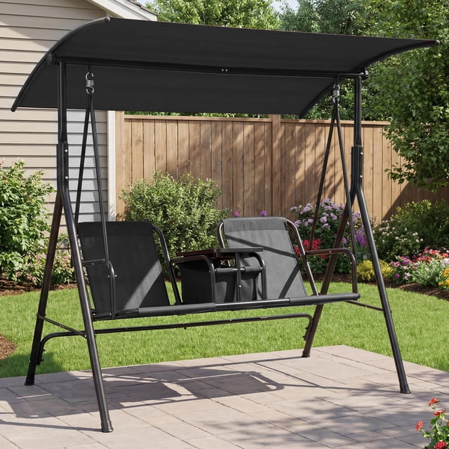 QinaQin Balançoire de Patio Extérieure à 2 Places avec Auvent Réglable, Porte-Gobelets et Table Pivotante de Rangement