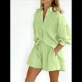 thumbnail image 3 of Conjuntos de Verano de 2 Piezas para Mujer: Camisetas A Rayas con Mangas Abullonadas y Botones, Pantalones Cortos A Juego y Conjuntos Casuales Verde M, 3 of 6