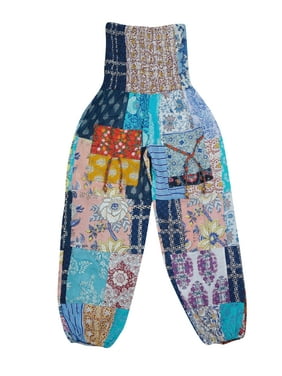 Mogul Women Patchwork Yoga Pant Cotton Front Two Pockets Smocked Waist Beach Loose Comfy Pajama Pants S/M
