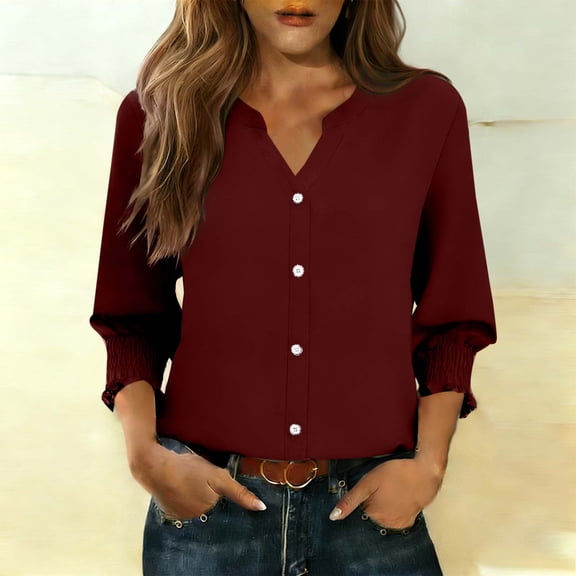 HongQid Womens Tops 3/4 Sleeve V Neck Button Down Shirts Business Casual Outfit Basic Tees Summer Top T Shirts Ruffle Sleeve