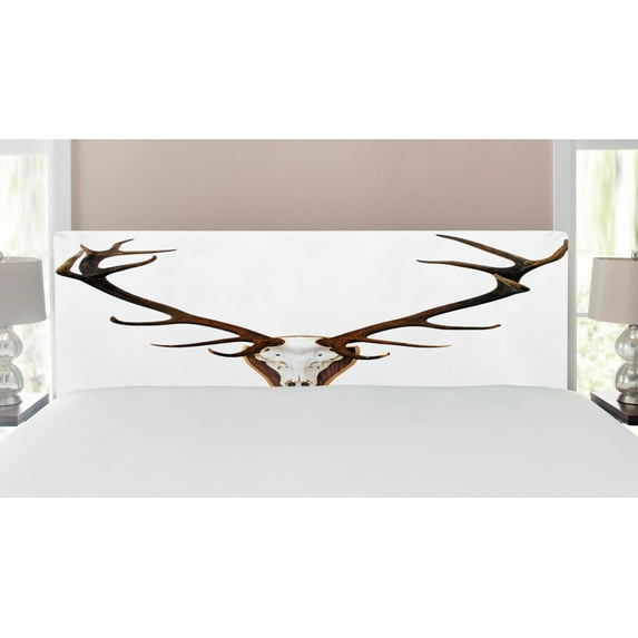 Antlers Headboard, Antlers of a Huge Stag Bones Mounted on a Wooden Plate Prize Skull Print, Upholstered Decorative Metal Bed Headboard with Memory Foam, King Size, Brown and Pale Grey, by Ambesonne