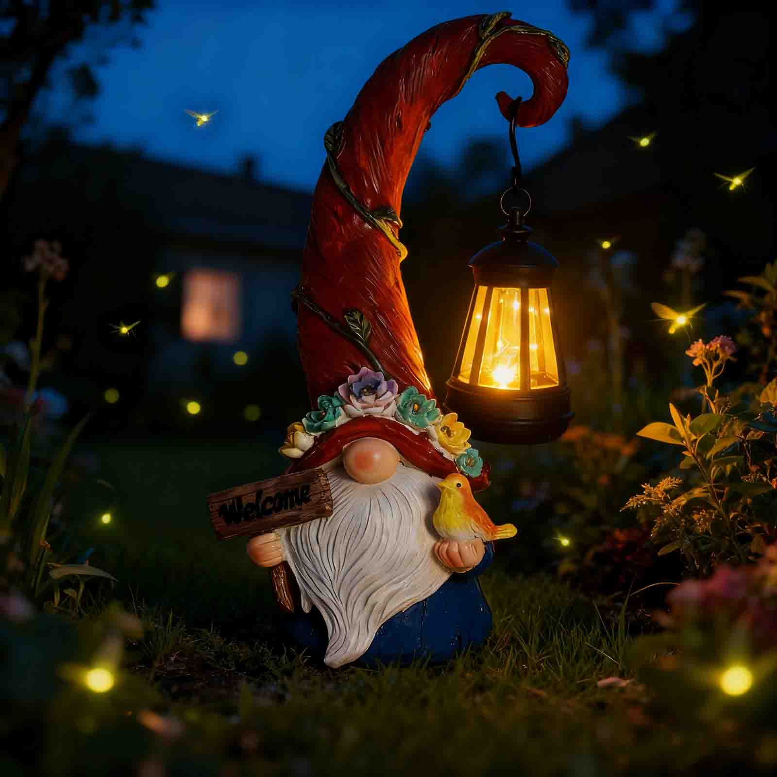 Vggrvlo Gnome Garden Decor Statue Solar Gnomes Decorations for Yard with Lantern Light Outdoor Decorations for Patio Best Christmas Gift