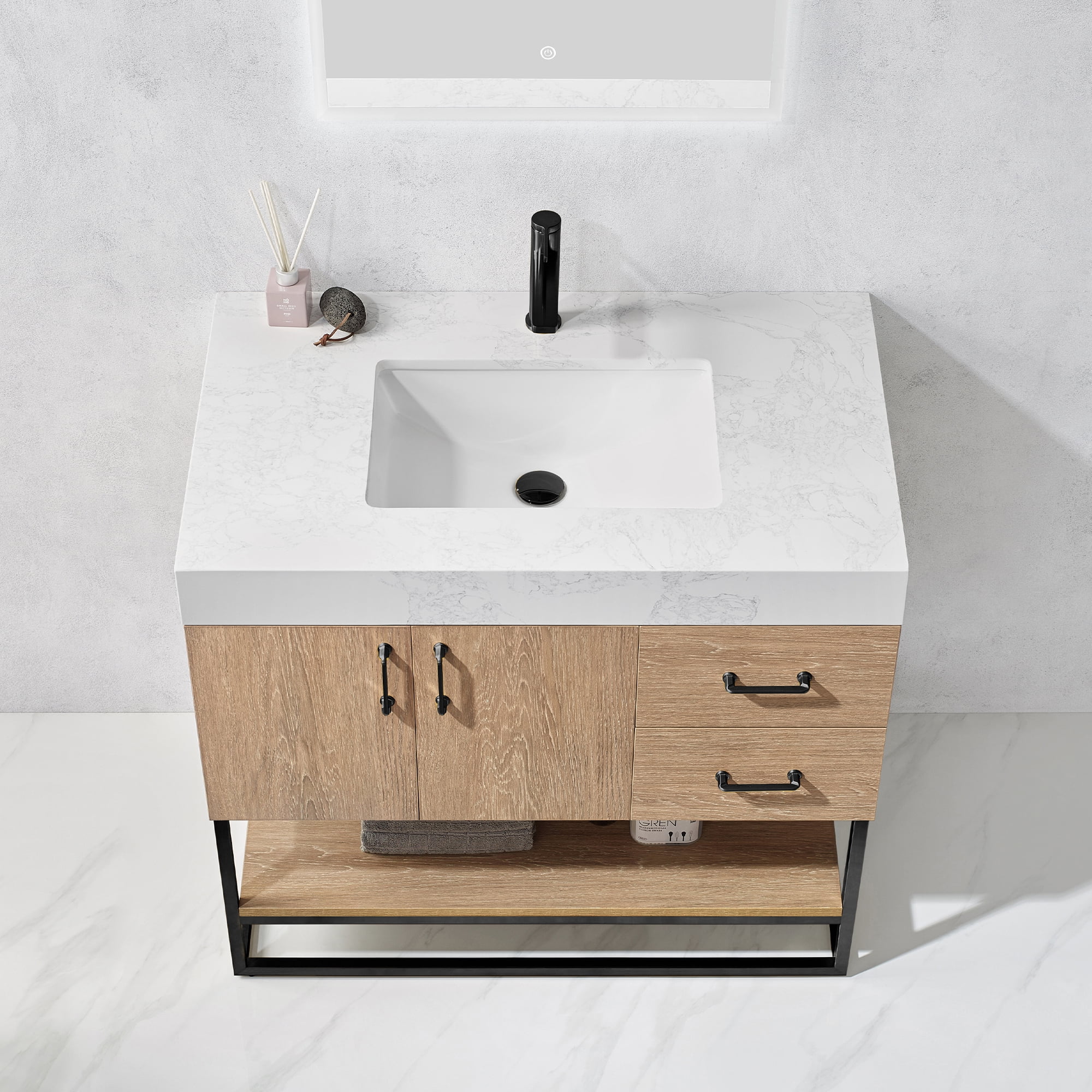 Vinnova Alistair 36" White Stone Top Oak Single Vanity Black Frame w/o Mirror