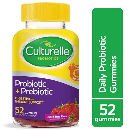Culturelle Probiotics Digestive and Immune Support Daily Gummies Supplement, Prebiotic   Probiotics for Adults, Mixed Berry Flavor, 52 Count