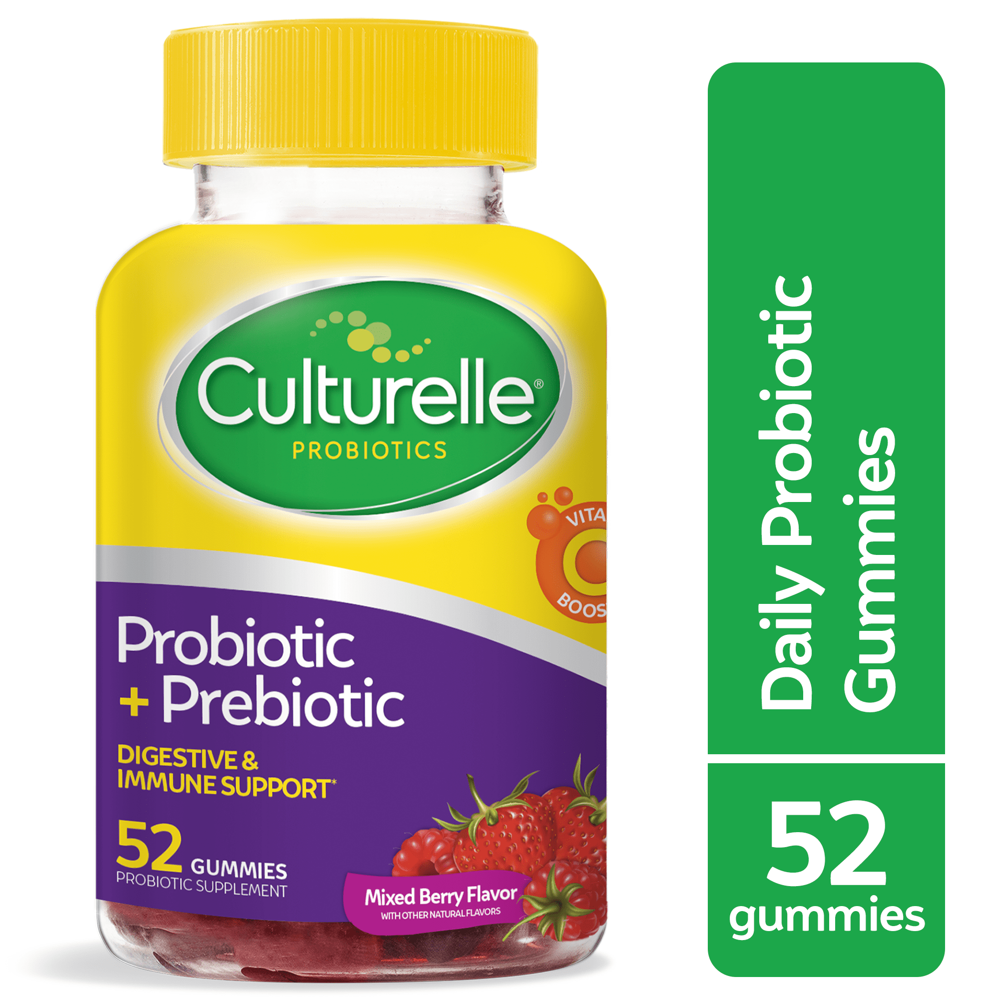Culturelle Probiotics Digestive and Immune Support Daily Gummies Supplement, Prebiotic + Probiotics for Adults, Mixed Berry Flavor, 52 Count