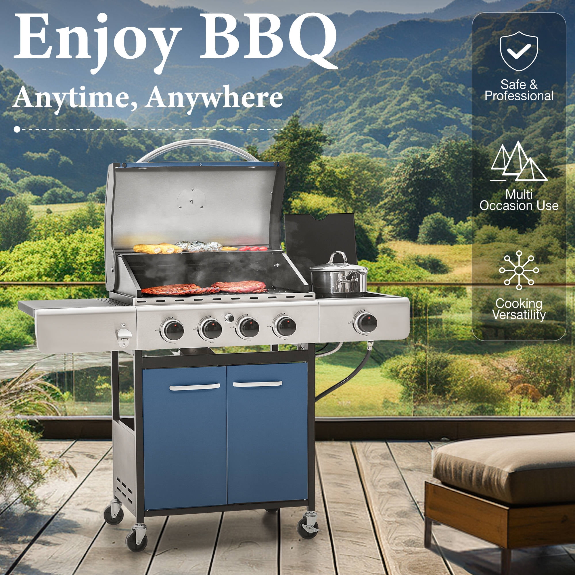 PHI VILLA 4 Burner Propane Gas Grill with Side Burner Stainless Steel BBQ Grill, Blue