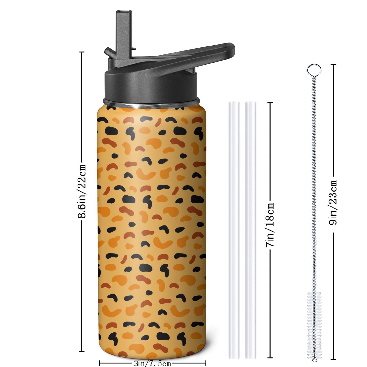 Leopard Print Insulated Stainless Steel Water Bottle with Straw & Cleaning Brush – 18 Oz | Leakproof, BPA-Free, 304 Stainless Steel, Wide Mouth, Travel Mug for Car, Gym, Office