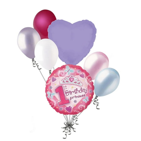 7 pc Happy 1st Birthday Princess Crown Balloon Bouquet Party Decoration First