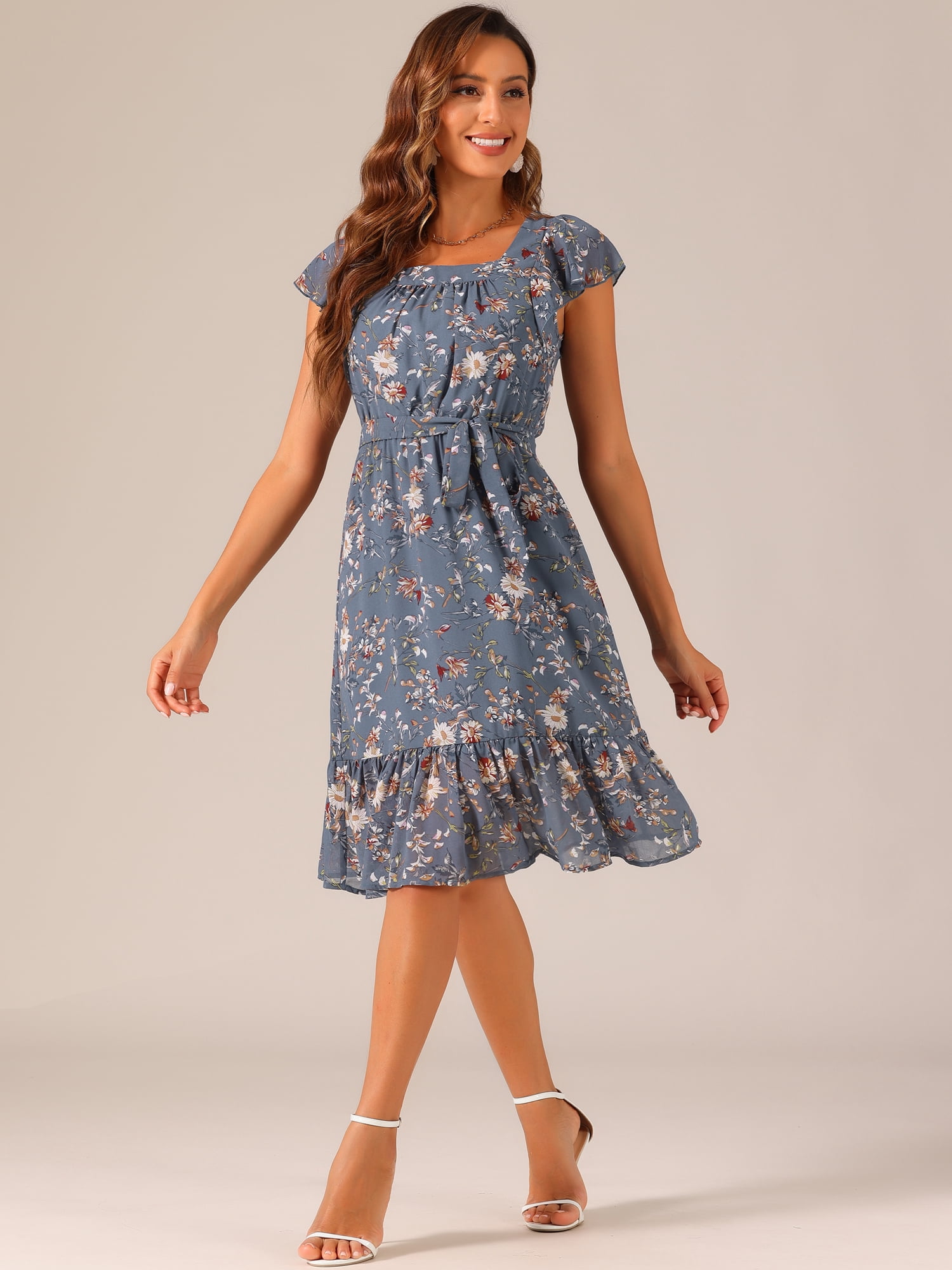 DARING DIVA Square Neck Flutter Sleeve A-Line Midi Dress XL Dusty Blue
