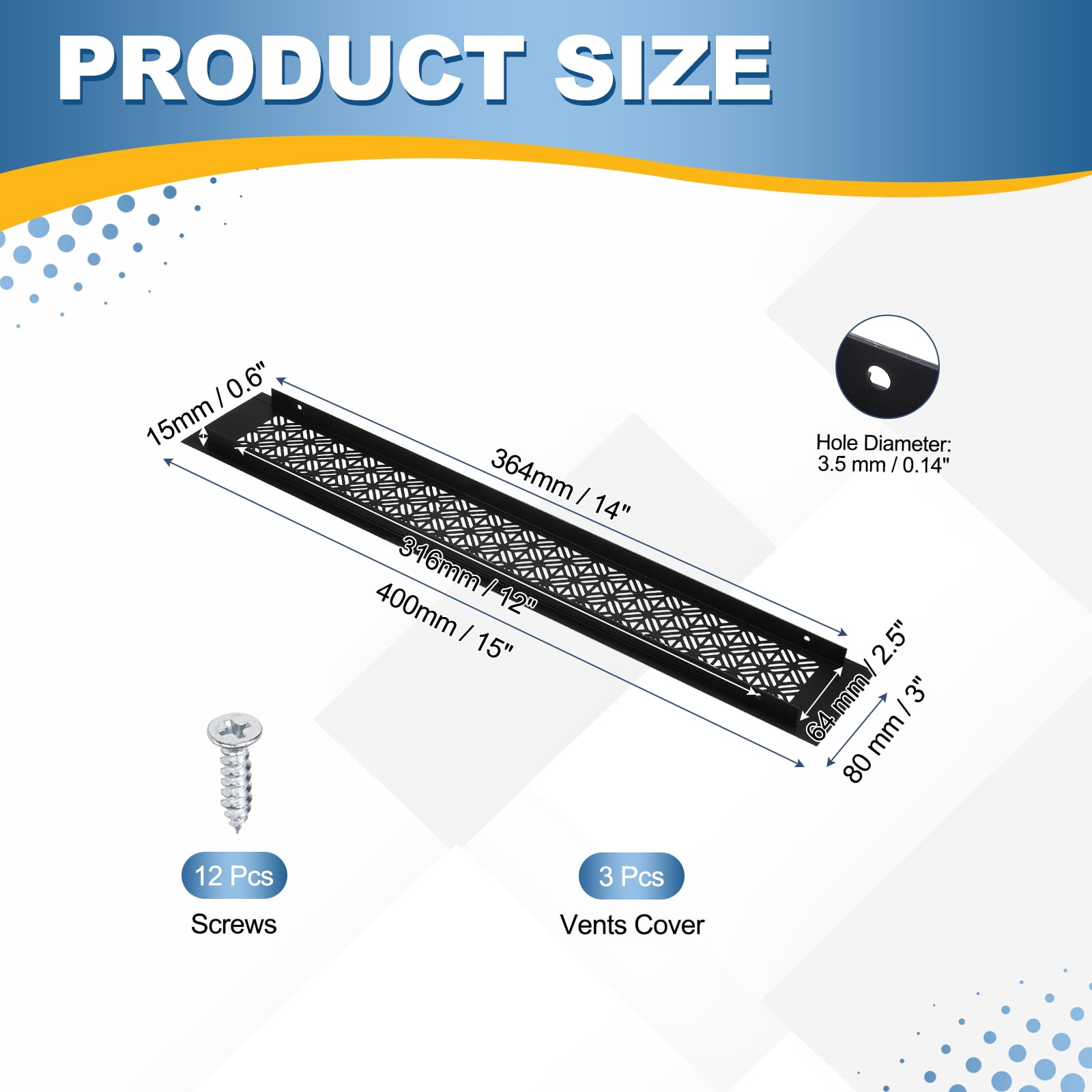 Uxcell 14 x 3 Inch (Duct Openings) Air Vent Cover, 3Set Aluminum Grille Ventilation Cover Louvered with Mounting Screws for Cabinet Wardrobe Door, Black (16 x 3 Inch Outer Size)