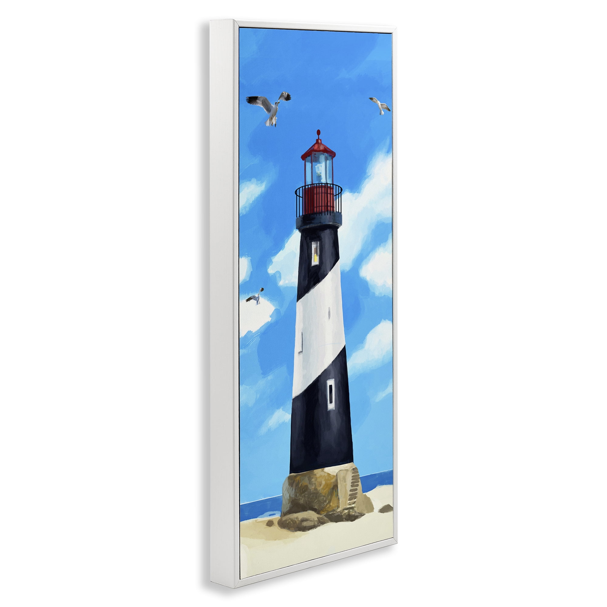 Stupell Industries Lighthouse on Beach Coastal Painting White Framed Art Print Wall Art, 10 x 24