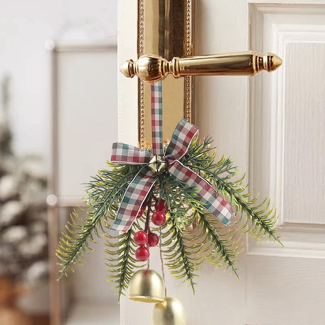 Christmas Bells Wind Chime with Pine Leaves and Bow, Metallic Hanging Ornament for Holiday Decor, Festive Sounding Bells for Door Wall Tree Christmas Decoration, Durable Outdoor Indoor Holiday Decor