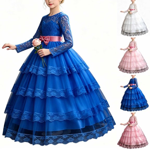 UKHCCC Girls Lace Formal Ball Gown, Kids Long Bell Sleeve Belted Maxi Dress for Wedding Party, Tailored Dress Ages 5-15