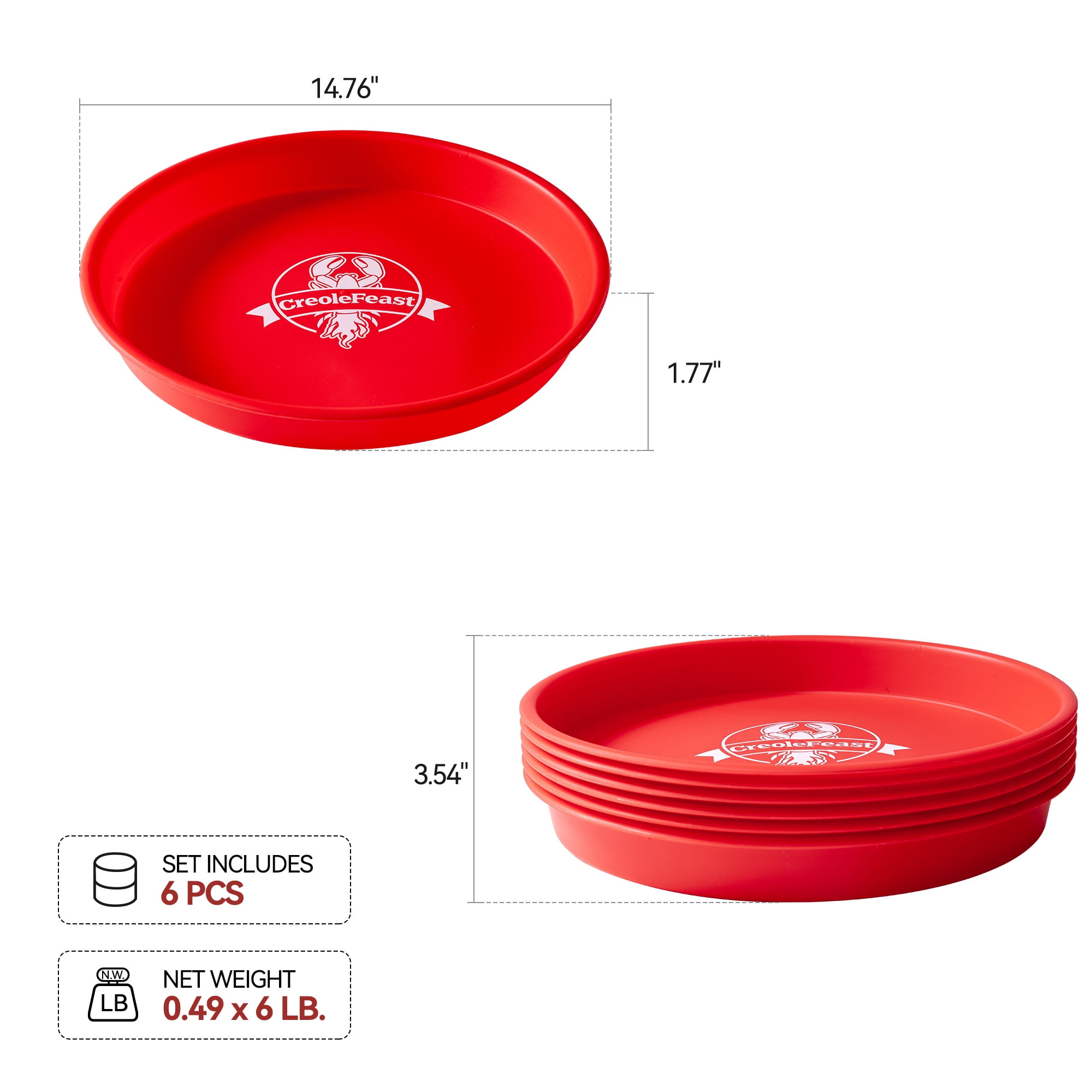 Creole Feast 15-inch Plastic Crawfish Plates, Set of 6,Perfect for Outdoor & Indoor Settings, Red