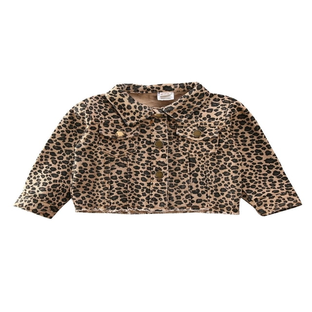 Toddler Kid Baby Girl Coat Leopard Long Sleeve Button Down Denim Jacket Jean Jacket Fall Spring Outwear