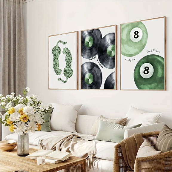 Set of 3 Unframed Green Cheetah Lucky Pool Ball Poster Vinyl Record Trendy Wall Art Canvas Print Leopard Music Minimalist Dopamine Aesthetic Decor Funky Painting for Dorm,Living Room,Bedroom,Modern