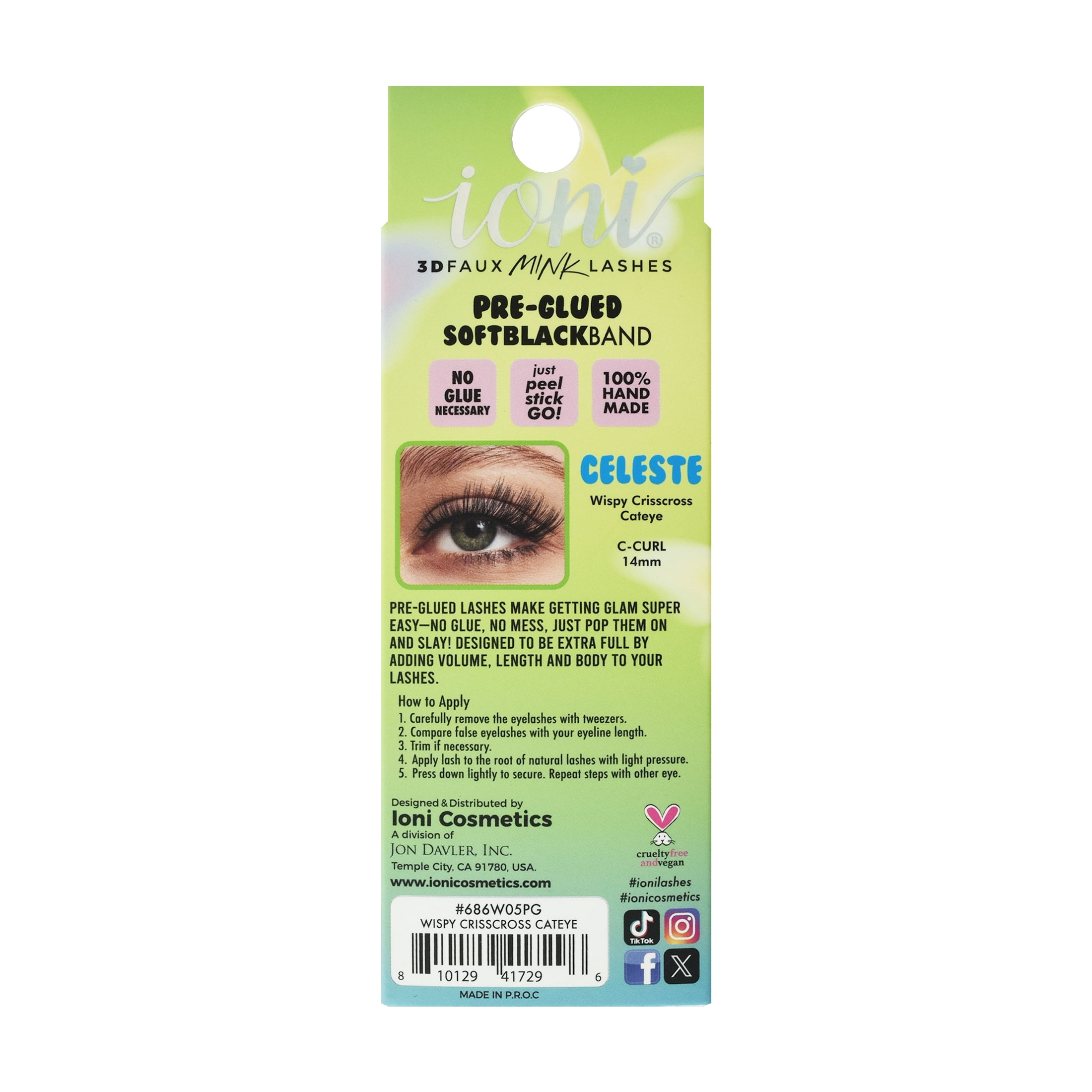 IONI Cosmetics PRE-GLUED BLACK BAND lash CELESTE, wispy crisscross