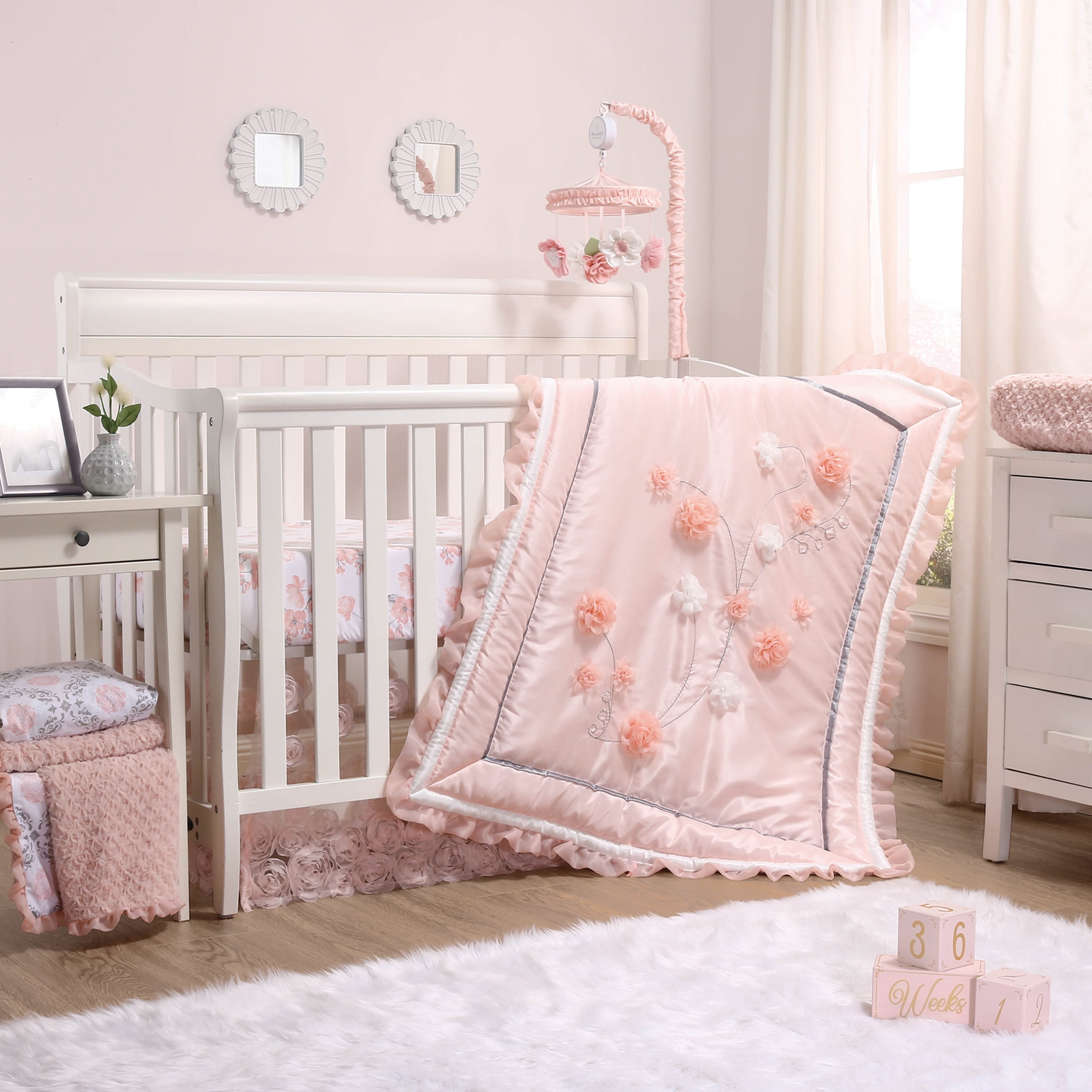 The Peanutshell Brianna Floral Crib 3 Pc Bedding Set For Baby Girls Crib Quilt Crib Sheet Dust Ruffle Walmart Com Walmart Com
