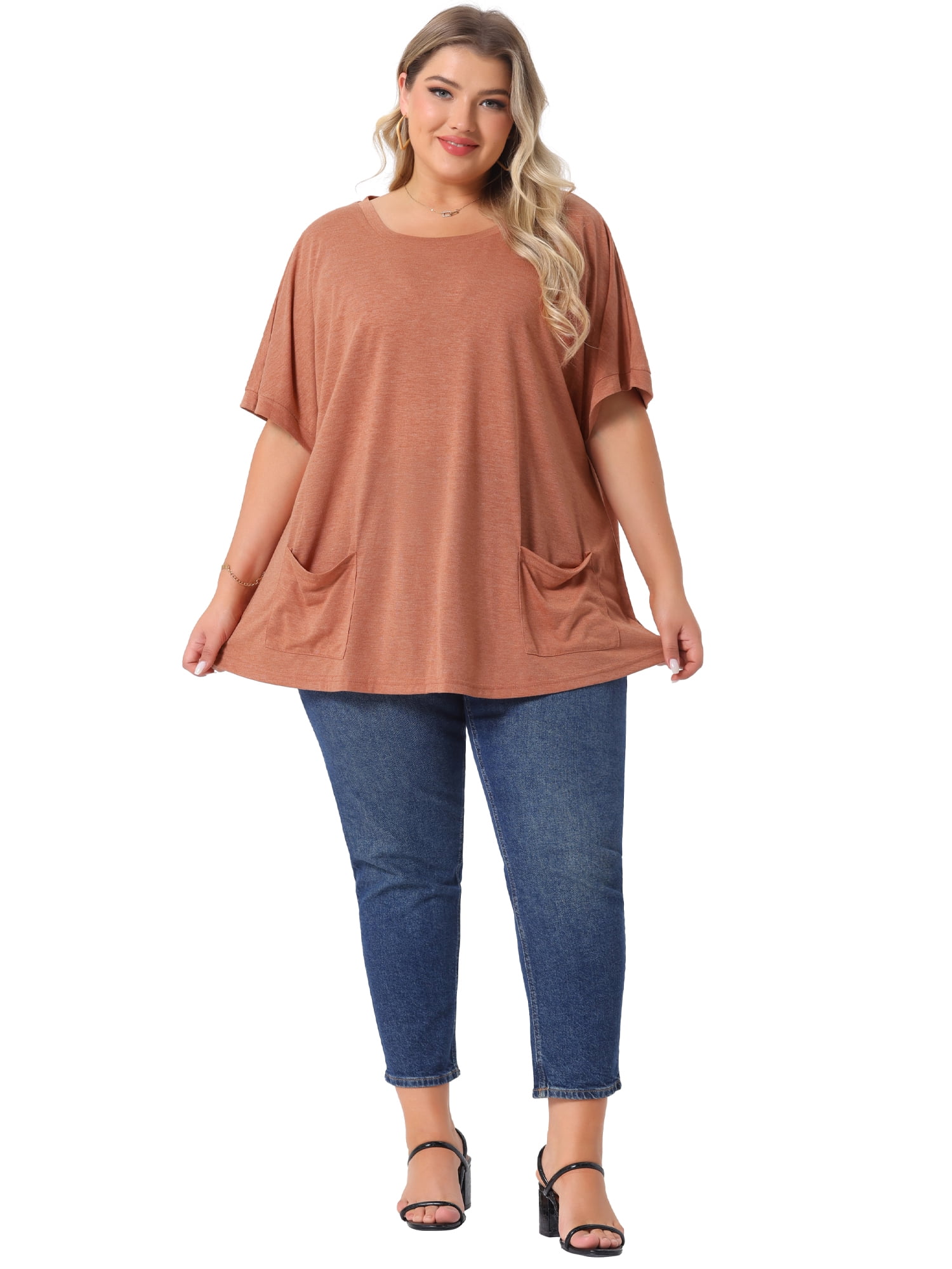 DARING DIVA Women's Plus Crew Neck Loose Fit T Shirt with Pocket Casual 2X Brick Red