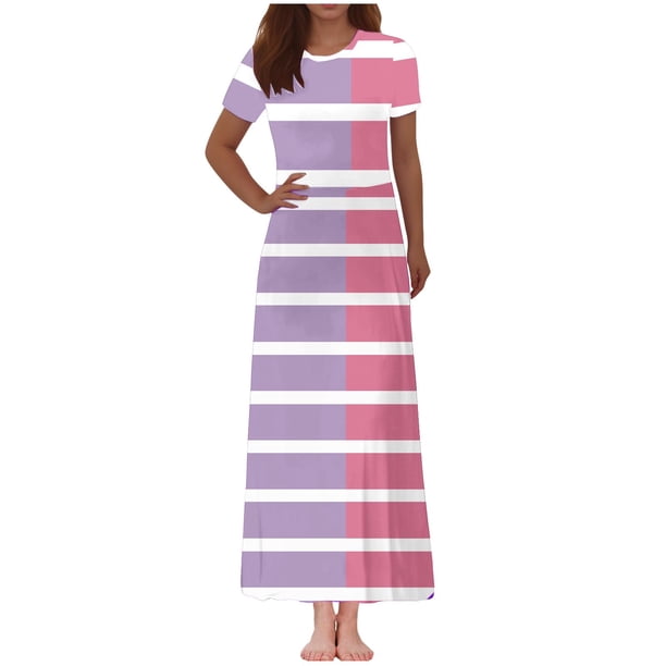 Vestido Corto de Verano de la Moda de las Mujeres Impreso de Manga Corta Cuello Redondo Tobillo de Longitud Vestido Casual