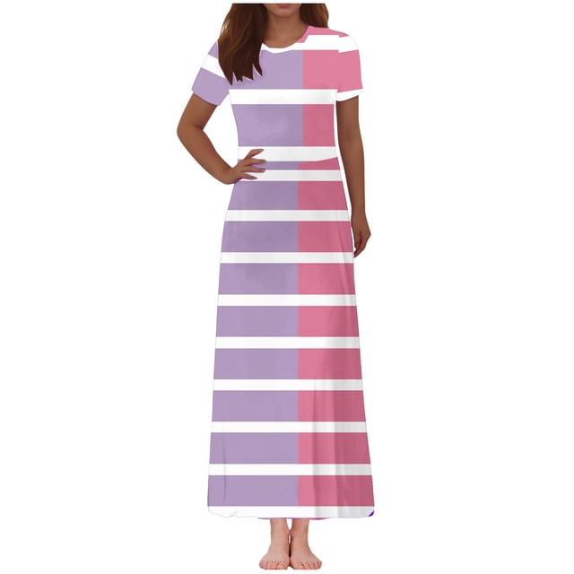 Vestido Corto de Verano de la Moda de las Mujeres Impreso de Manga Corta Cuello Redondo Tobillo de Longitud Vestido Casual