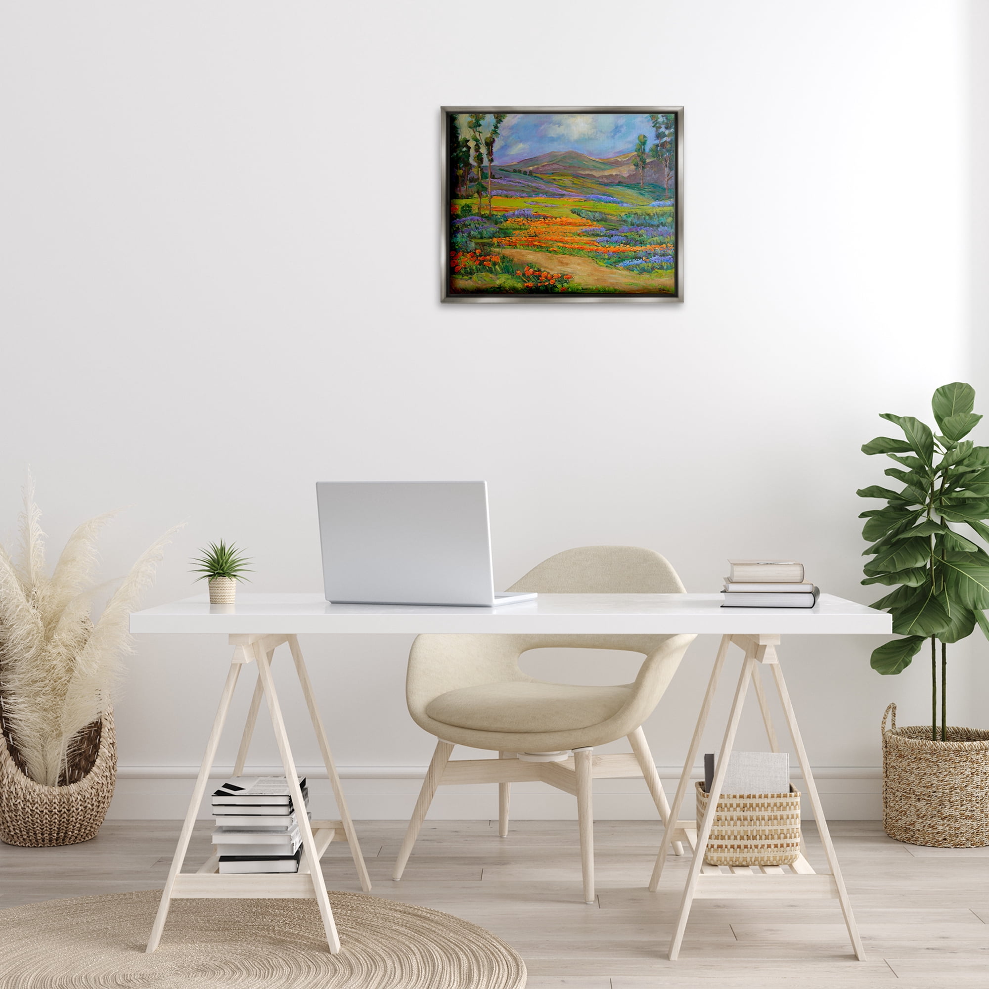Stupell Industries Bountiful Meadow Landscape Landscape & Nature Painting Gray Floater Framed Canvas Art Print Wall Art, 21 x 17