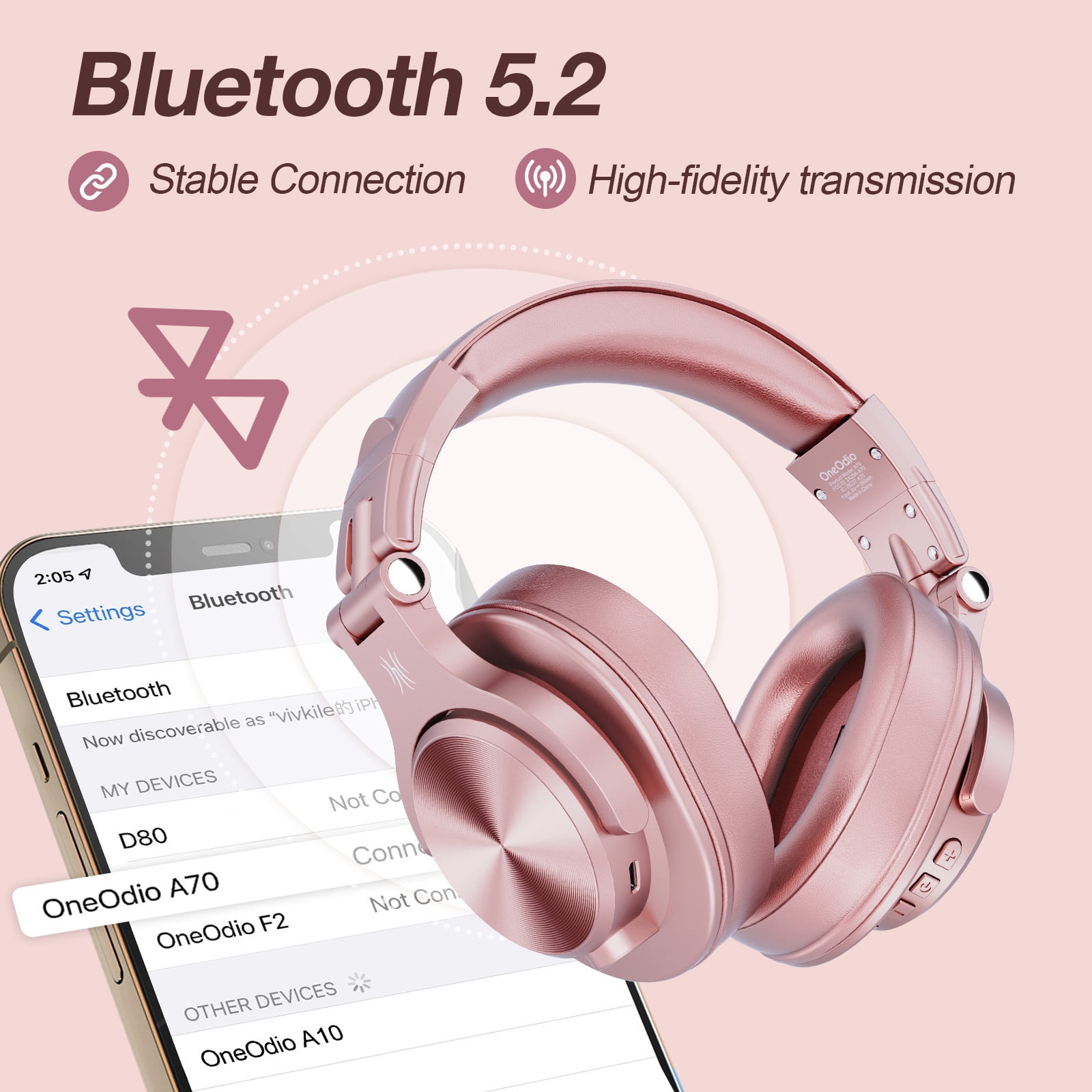 OneOdio Wireless Bluetooth Over Ear Headphones for Women and Girls,Stereo Jack for Guitar Amp Computer PC Tablet，72 Hours Playtime-A70 Rose Gold