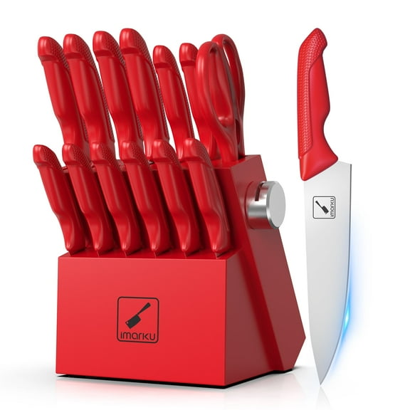 imarku Knife Set with Block, Sharp Knife Set with Built-in Sharpener, Japanese Stainless Steel Kitchen Knife Set with Non-Slip Ergonomic Handle, Dishwasher Safe, Best Holiday Gifts, 14 PCS, Red