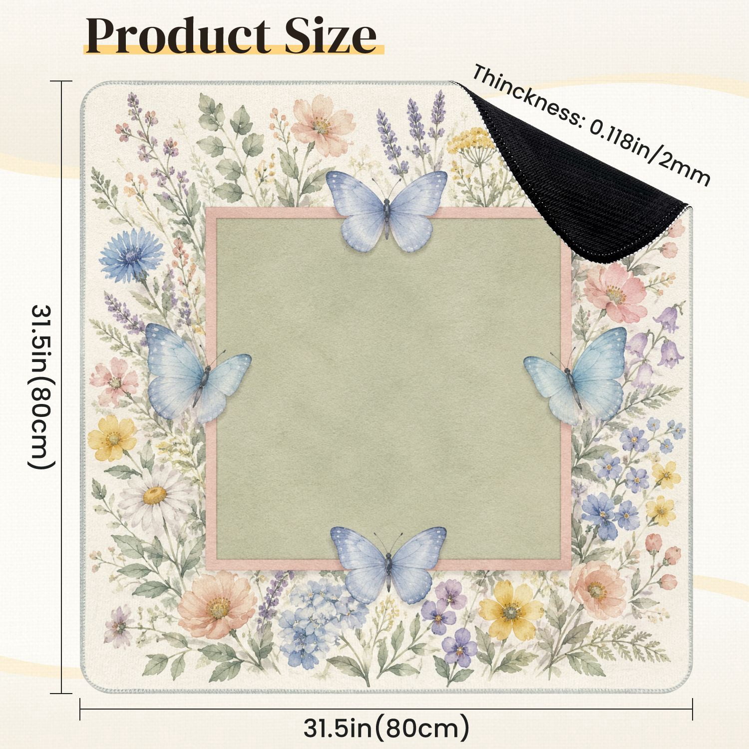 Mahjong Mat 31.5" x 31.5" Delicate Watercolor Blue Butterflies Wildflower Frame Non-Slip Noise Reduction Mahjong Tiles Table Cover for Dominoes Poker Card Board and Tile Games
