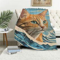 BCIIG Orange Tabby Cat Throw Blanket, Retro Wave Seashell Beach Blankets for Bedroom Living Room Couch Decor, Fuzzy Cozy Soft Lightweight Throws, Birthday Gifts for Boys Girls Cats Lover  40x50in