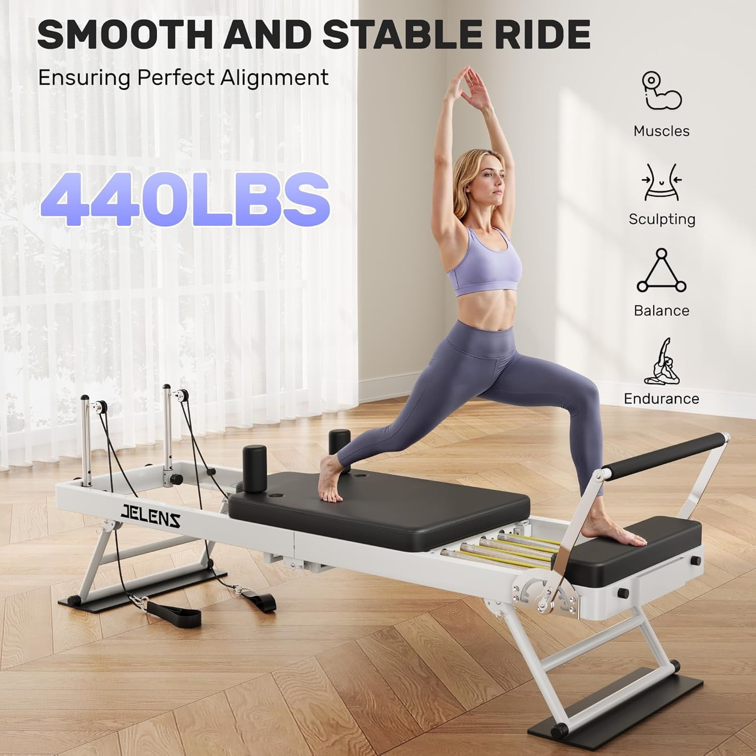 Pilates Reformer Machine,75" Foldable Pilates Machine with Adjustable Height Pulleys and Dual Resistance- Springs and Cords,Pilates Equipment for Home Workouts with Jump Board,Up to 400LBS