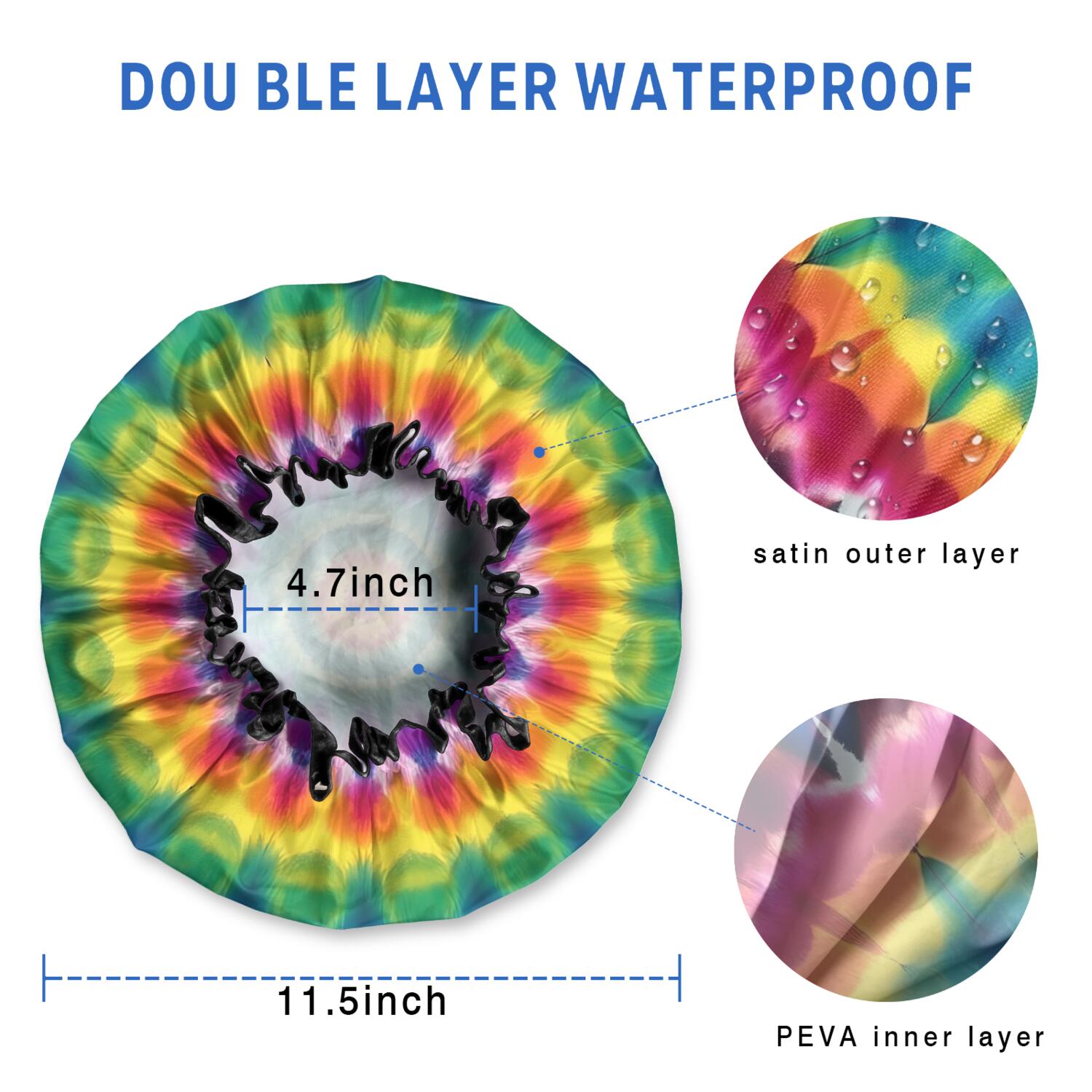 Shower Caps,Rainbow Tie Dye Mandala Pattern Waterproof Shower Cap for Women 4 Pieces,Double Reusable Hair Cover for Shower PEVA Elastic Stretch Hem
