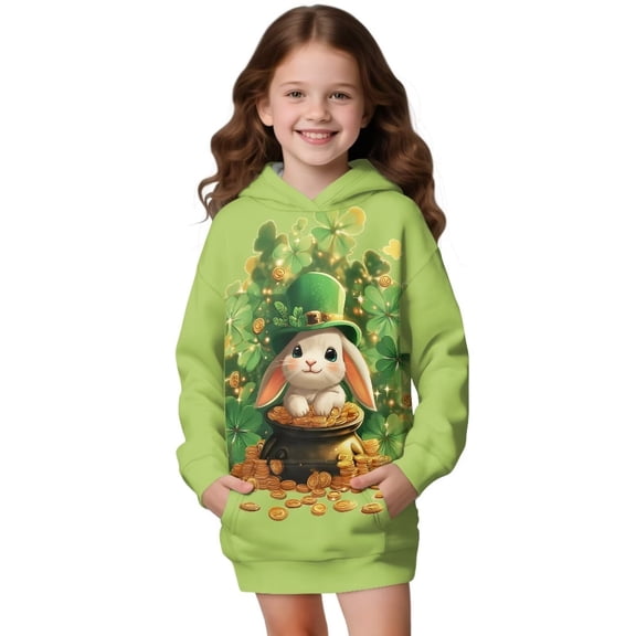 Xoenoiee Rabbit Shamrock Coin Print Girls Long Hoodies Dress Hooded Sweatshirt Graphic Pullover St. Patrick's Day Long Hoodies Long Sleeve Shirt Fall Clothes Aesthetic Sweater Outfits, 5-6 Years