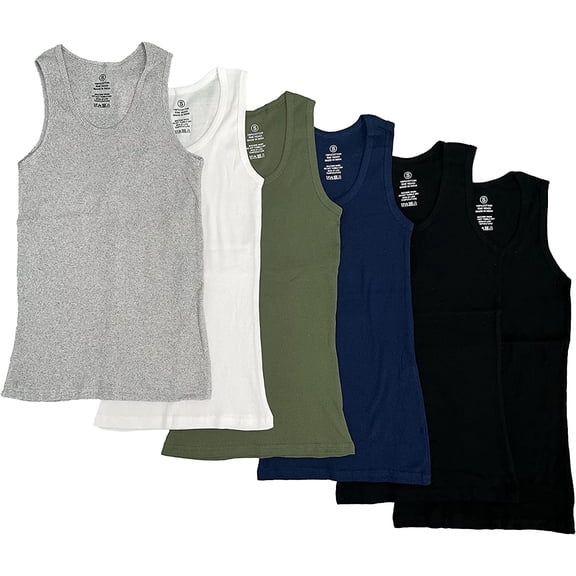 Studio 3 Men's 6 Pack 100% Cotton Tagless Ribbed Slim Fit Muscle Tank Tops with Scoop Neckline