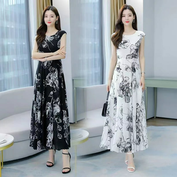 Tongliya 1 Polyester Fiber Fashion Korean Floral Dress Loose and Thin  Temperament Waist Short Sleeve Dress White L 