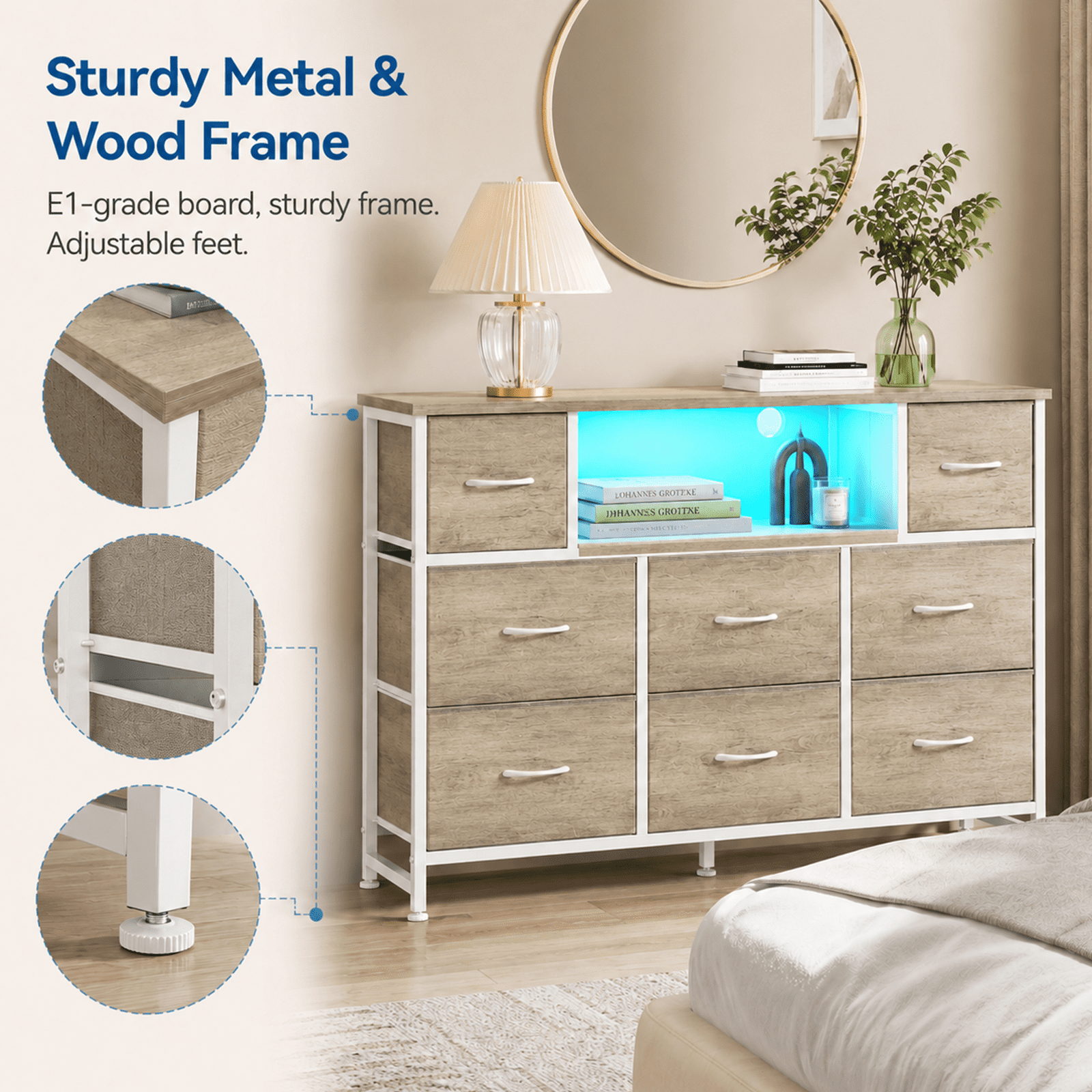 Alvantor Dresser TV Stand for 45, 50, 55 inch TV, Entertainment Center with LED Lights & Charging Station, Chest of Drawers with 8 Fabric Drawers and Open Shelves for Living Room, Hallway, Wood Top