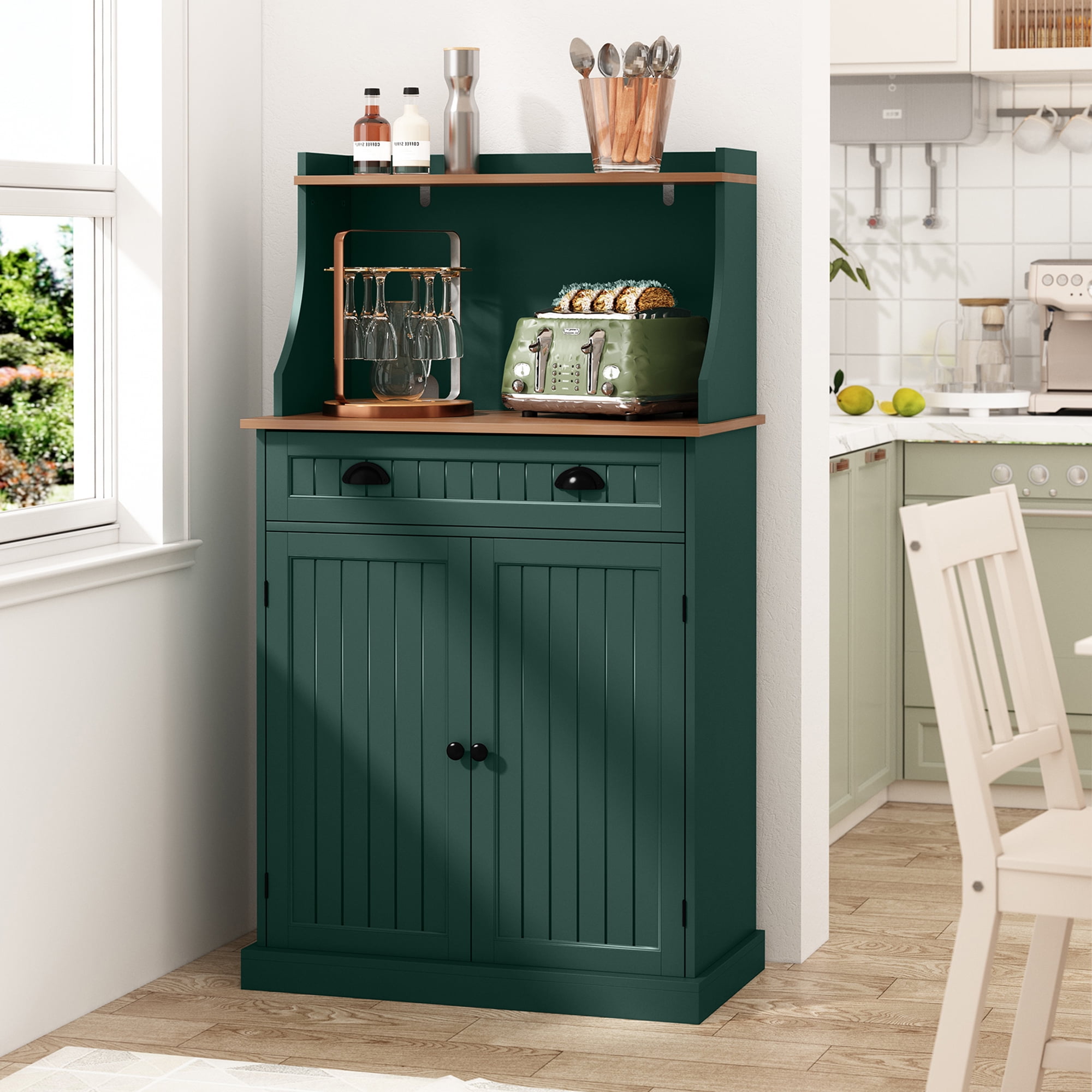 CBJCBJ 54" Kitchen Pantry Cabinet with Door & Shelves, Sideboard Buffet Cabinet with Microwave Stand for Dining Room,Green