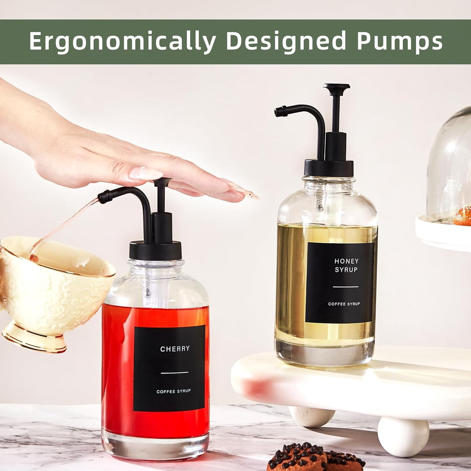Coffee Syrup Dispenser For Bar 4pack Pump Accessories (500ml) 16.9 Oz Glass With 36 Labels Bottles Matte Black
